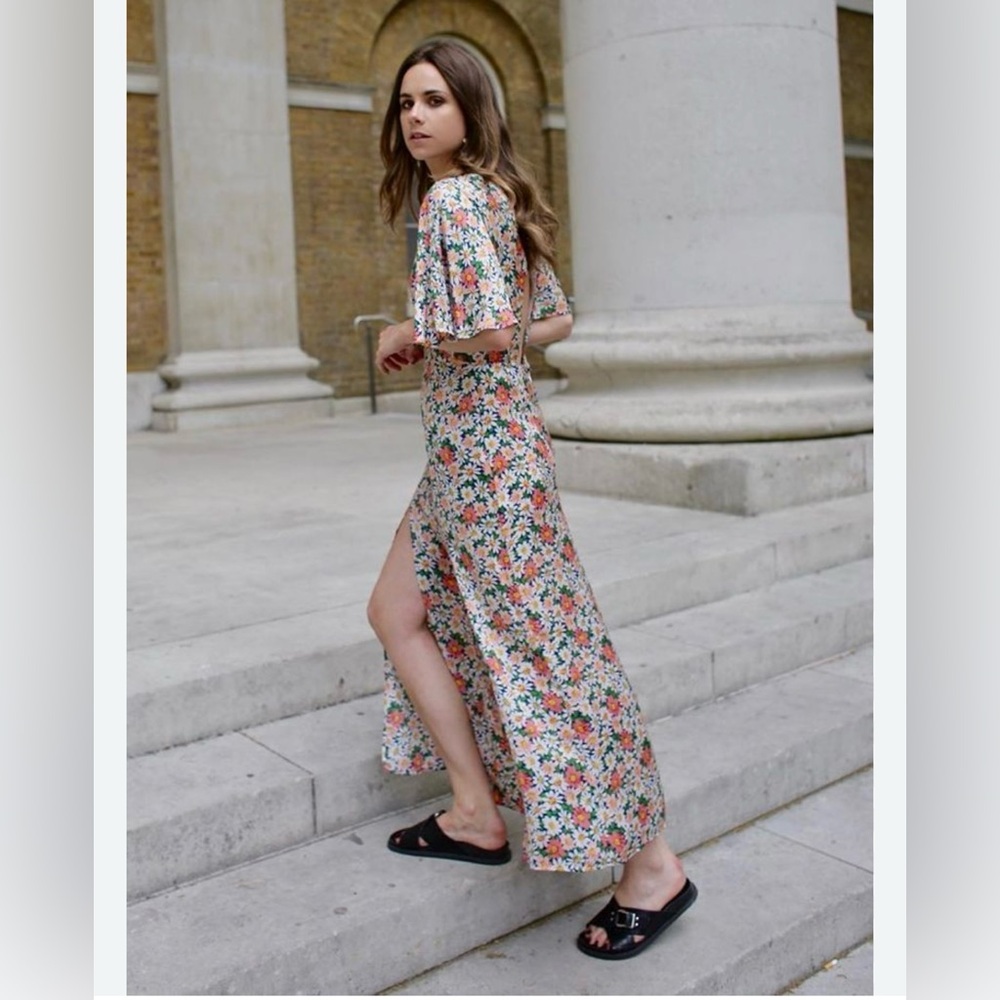 Topshop Austin Floral Daisy Print Maxi Dress Slit Front Open Back-EUC-Sz Sm-4 🍂
